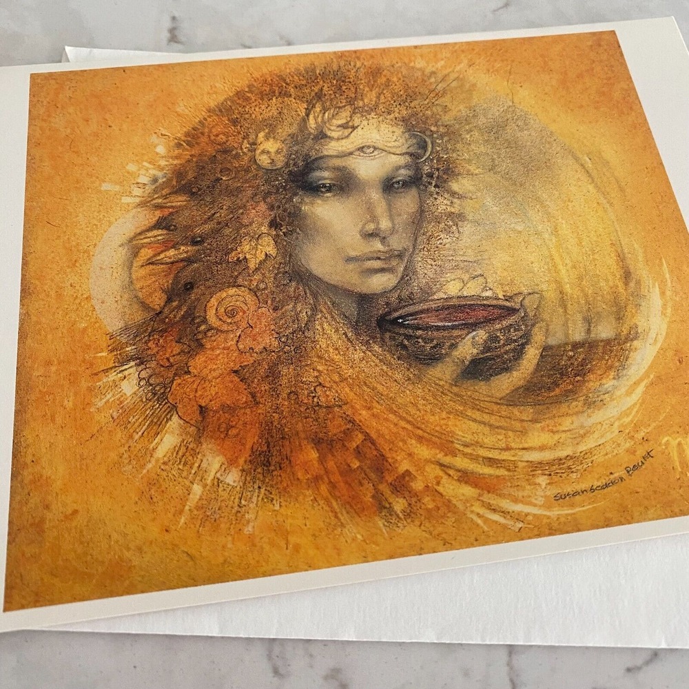 Virgo 'Woman Holding Bowl' Artwork Friendship Gold Folded Blank Greeting